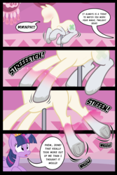 Size: 2000x3000 | Tagged: safe, artist:icaron, artist:jasentamiia, rarity, twilight sparkle, oc, oc:sylvan, alicorn, pony, comic:the hired hoof, g4, blushing, bondage, butt, carousel boutique, comic, crown, dress form, encasement, frog (hoof), high res, i have no mouth and i must scream, inanimate tf, jewelry, magic, mannequin, mannequin tf, muffled moaning, objectification, offscreen character, petrification, plot, ponyquin, regalia, show accurate, stretching, transformation, twilight sparkle (alicorn), underhoof