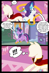 Size: 2000x3000 | Tagged: safe, artist:icaron, artist:jasentamiia, rarity, twilight sparkle, oc, oc:sylvan, alicorn, pony, unicorn, comic:the hired hoof, g4, ..., bondage, carousel boutique, cloth, clothes, comic, crown, dialogue, dress form, encasement, exclamation point, female, glowing horn, high res, horn, horrifying implications, i have no mouth and i must scream, inanimate tf, jewelry, levitation, magic, mannequin, mannequin tf, objectification, petrification, pins, ponyquin, regalia, ribbon, shoes, show accurate, speech bubble, telekinesis, transformation, transformed, twilight sparkle (alicorn)