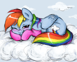 Size: 1500x1200 | Tagged: safe, artist:buttersprinkle, rainbow dash, pegasus, pony, g4, blushing, clothes, cloud, cute, dashabetes, female, happy, lidded eyes, looking at you, mare, one eye closed, prone, sky, smiling, socks, solo