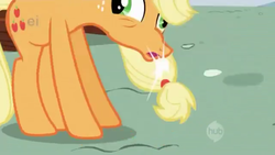 Size: 1920x1080 | Tagged: safe, screencap, applejack, pony, applebuck season, g4, season 1, derp, ei, female, great moments in animation, hub logo, mare, silly, silly pony, solo, wat, who's a silly pony, why the long face