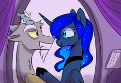 Size: 1380x951 | Tagged: safe, artist:elementalokami, discord, princess luna, g4, cute, discute, looking at each other, male, ship:lunacord, shipping, smiling, straight