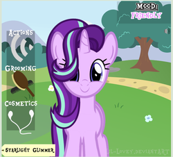 Size: 611x552 | Tagged: safe, artist:comfydove, artist:heartwarmer-mlp, artist:lil-lovey, starlight glimmer, pony, unicorn, g4, brush, comb, cute, earbuds, fan game, female, flower, game, glimmerbetes, happy, looking at you, mare, smiling, solo, tree