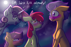 Size: 1024x683 | Tagged: safe, artist:moonfur83, artist:olivecow, apple bloom, scootaloo, sweetie belle, tender taps, g4, apple bloom is not amused, blushing, collaboration, cutie mark crusaders, cutie ship crusaders, dialogue, lip bite, male, scootaloo the shipper, shipper on deck, shipping, straight, sweetie the shipper, tenderbloom, wavy mouth