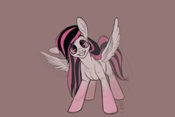Size: 2560x1707 | Tagged: safe, artist:poisewritik, oc, oc only, pegasus, pony, looking at you, simple background, smiling, solo, spread wings