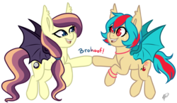 Size: 1015x587 | Tagged: safe, artist:peaceouttopizza23, oc, oc only, oc:cherry bomb, oc:lunar lily, bat pony, pony, cute, duo, friends, hoofbump, offspring, parent:oc:sweet hum, parent:oc:swift edge, parents:oc x oc, parents:sweetedge, simple background, transparent background