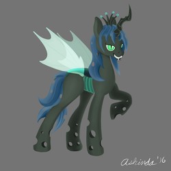 Size: 1280x1280 | Tagged: safe, artist:arace, queen chrysalis, changeling, changeling queen, g4, crown, female, grin, jewelry, raised hoof, regalia, smiling, solo