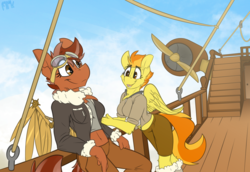 Size: 3013x2072 | Tagged: safe, artist:ralek, spitfire, oc, oc:cirrus mist, anthro, g4, airship, artificial wings, augmented, bomber jacket, casual, clothes, cloud, cute, goggles, high res, mechanical wing, midriff, sky, steampunk, wings