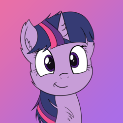 Size: 5000x5000 | Tagged: safe, artist:ascendingphoenix, twilight sparkle, pony, g4, :t, absurd resolution, bust, cheek fluff, chest fluff, cute, ear fluff, female, fluffy, gradient background, looking at you, messy mane, pink background, portrait, purple background, simple background, smiling, solo, twiabetes