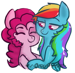 Size: 1024x994 | Tagged: safe, artist:oreomonsterr, pinkie pie, rainbow dash, g4, female, hug, lesbian, ship:pinkiedash, shipping, watermark