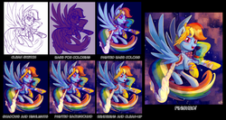 Size: 2012x1070 | Tagged: safe, artist:sorcerushorserus, rainbow dash, g4, clothes, dress, female, floating, gala dress, open mouth, progress, sketch, solo, spread wings, tutorial, wip