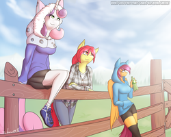 Size: 2500x2000 | Tagged: safe, artist:silverfox057, apple bloom, scootaloo, sweetie belle, earth pony, pegasus, unicorn, anthro, plantigrade anthro, ask nerdy scootaloo, g4, ask, blue jeans, bottle, clothes, compression shorts, cute, cutie mark crusaders, female, fence, high res, hoodie, jeans, looking up, older, pants, shoes, shorts, skirt, sneakers, socks, sweater, thigh highs, trio, tumblr