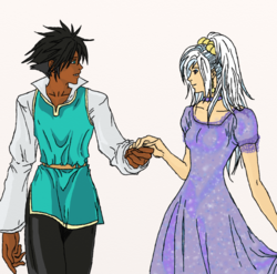 Size: 1260x1245 | Tagged: safe, artist:eulicious, thorax, trixie, human, g4, clothes, dark skin, dress, holding hands, humanized, looking at each other, male, shipping, simple background, sparkles, straight, thoraxie