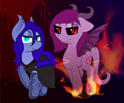 Size: 9270x7680 | Tagged: safe, artist:ampderg, oc, oc only, oc:amplitude, oc:silica tetrahedron, bat pony, demon pony, pony, succubus, vampire, vampony, absurd resolution, bat pony oc, bedroom eyes, black sclera, blood, clothes, dress, fire, fishnet stockings, halloween, horns, slit pupils, socks