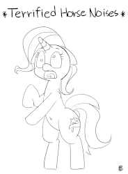 Size: 1000x1357 | Tagged: safe, artist:pabbley, trixie, pony, unicorn, g4, animated, belly button, bipedal, black and white, derp, descriptive noise, female, gif, grayscale, horse noises, meme, monochrome, open mouth, panic, screaming, simple background, solo, white background, wide eyes