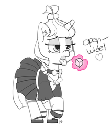 Size: 1280x1478 | Tagged: safe, artist:pabbley, moondancer, g4, clothes, dialogue, female, magic, maid, monochrome, offscreen character, open mouth, simple background, solo, sugarcube, telekinesis, white background