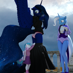 Size: 1500x1500 | Tagged: safe, artist:tahublade7, princess flurry heart, princess luna, trixie, anthro, plantigrade anthro, g4, 3d, alcohol, ass, butt, clothes, daz studio, dress, embarrassed, eyes on the prize, fishnet stockings, frilly underwear, high heels, leotard, magician outfit, moonbutt, panties, pantsed, pantsing, polka dot underwear, praise the moon, skirt, socks, this will end in tears, this will end with the royal canterlot voice, tuxedo, underwear, white underwear, wine, wine glass