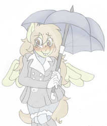 Size: 1676x1981 | Tagged: safe, artist:blackbewhite2k7, featherweight, anthro, g4, blushing, boots, clothes, femboy, gloves, jacket, male, older, sketch, solo, sweater, trap, turtleneck, umbrella