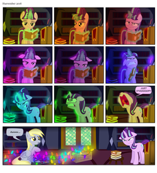 Size: 1660x1826 | Tagged: safe, artist:moonstrueck, derpy hooves, starlight glimmer, pegasus, pony, g4, :/, angry, annoyed, book, bookshelf, christmas lights, compilation, cute, eyeroll, female, floppy ears, frown, glare, glowing horn, gritted teeth, horn, huevember, levitation, magic, mare, nose in the air, open mouth, reading, sad, sitting, telekinesis, tongue out, unamused, uvula, wide eyes, yelling