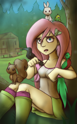 Size: 670x1076 | Tagged: safe, artist:gabbslines, fluttershy, bird, rabbit, squirrel, equestria girls, g4, animal, boots, clothes, open mouth, scared, scenery, skirt, skirt lift, socks, tank top, thighs