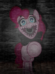 Size: 1536x2048 | Tagged: safe, pinkie pie, earth pony, pony, robot, robot pony, g4, animatronic, bowtie, creepy, female, five nights at freddy's, five nights at pinkie's, hat, looking at you, solo, top hat