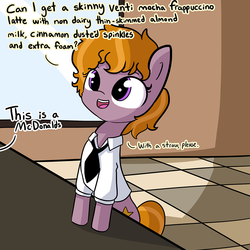 Size: 974x974 | Tagged: safe, artist:tjpones, oc, oc only, oc:holly wood, pony, bipedal, bipedal leaning, coffee, cute, dialogue, leaning, mcdonald's, necktie, ocbetes, offscreen character, open mouth, solo, window