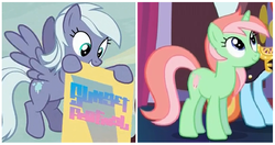 Size: 892x471 | Tagged: safe, screencap, cotton mint, dusk drift, sassy saddles, pegasus, pony, unicorn, canterlot boutique, g4, to where and back again, background pony, banner, cotton candy, cropped, cutie mark, discovery family logo, female, mare, mouth hold
