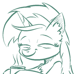 Size: 500x500 | Tagged: safe, artist:cheshiresdesires, part of a set, lyra heartstrings, pony, unicorn, g4, bags under eyes, bust, chest fluff, coffee, ear fluff, eyes closed, female, messy mane, monochrome, mug, simple background, smiling, solo, steam, tired, white background