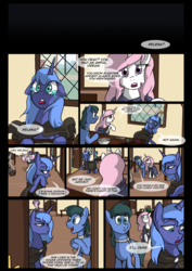 Size: 1240x1754 | Tagged: safe, artist:lunarcakez, princess celestia, princess luna, oc, comic:the origins of hollow shades, g4, bowl, cloak, clothes, comic, crying, dialogue, drink, food, frown, lidded eyes, looking at each other, looking back, mug, open mouth, pink-mane celestia, plate, s1 luna, sad, smiling, table, younger