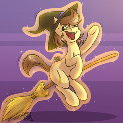 Size: 4000x4000 | Tagged: safe, artist:sugaryviolet, oc, oc only, oc:city sweep, oc:star bright, earth pony, pony, unicorn, broom, flying, flying broomstick, hat, levitation, macro, magic, micro, open mouth, smiling, sparkles, telekinesis, underhoof, waving, witch hat