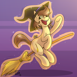 Size: 4000x4000 | Tagged: safe, artist:sugaryviolet, oc, oc only, oc:city sweep, oc:star bright, earth pony, pony, unicorn, broom, flying, flying broomstick, hat, levitation, macro, magic, micro, open mouth, smiling, sparkles, telekinesis, underhoof, waving, witch, witch hat