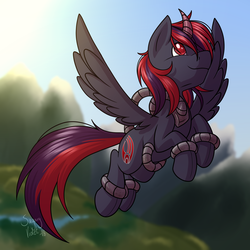 Size: 3500x3500 | Tagged: safe, artist:sugaryviolet, oc, oc only, oc:borgz pony, alicorn, pony, alicorn oc, borg, crossover, flying, high res, solo, spread wings, star trek