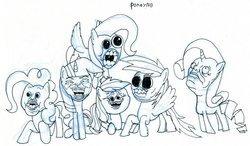 Size: 1000x582 | Tagged: safe, artist:ewoudcponies, applejack, fluttershy, pinkie pie, rainbow dash, rarity, twilight sparkle, earth pony, pegasus, pony, unicorn, g4, faic, flying, lip bite, looking at you, looking up, mane six, monochrome, oney, open mouth, prone, sitting, smiling, style emulation, teeth, traditional art