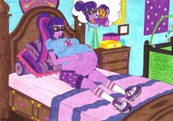 Size: 6997x4889 | Tagged: safe, artist:metaldudepl666, sci-twi, twilight sparkle, equestria girls, g4, absurd resolution, bad anatomy, bed, bedroom, belly, big belly, breasts, busty twilight sparkle, clothes, female, fetish, glasses, happy, lying down, on back, pregnant, pregnant equestria girls, shoes, sneakers, sneakers fetish, solo