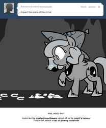 Size: 666x800 | Tagged: safe, artist:egophiliac, princess luna, moonstuck, g4, bubble pipe, cartographer's deerstalker, ceci n'est pas une pipe, filly, grayscale, hoofprints, monochrome, moonflower, tracks, woona, younger