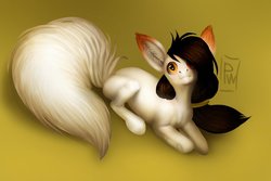 Size: 1024x683 | Tagged: safe, artist:poisewritik, oc, oc only, hybrid, pony, big ears, big eyes, fluffy tail, hair over one eye, simple background, solo, white, yellow eyes