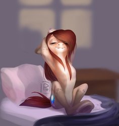 Size: 1024x1086 | Tagged: safe, artist:poisewritik, oc, oc only, semi-anthro, armpits, bed, eyes closed, freckles, grin, morning, morning ponies, sitting, smiling, solo, stretching, underhoof