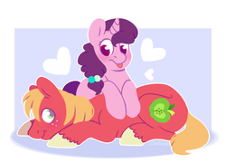 Size: 2741x1977 | Tagged: safe, artist:djkaskan, derpibooru exclusive, big macintosh, sugar belle, earth pony, pony, unicorn, g4, blushing, female, heart, hilarious in hindsight, love, male, mare, ship:sugarmac, shipping, stallion, straight, tongue out