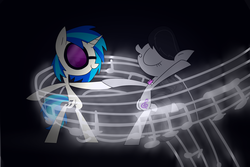 Size: 2743x1828 | Tagged: safe, artist:supercoco142, dj pon-3, octavia melody, vinyl scratch, pony, g4, bipedal, dancing, music notes