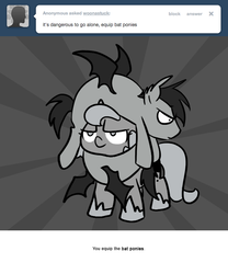 Size: 666x800 | Tagged: safe, artist:egophiliac, princess luna, oc, oc:frolicsome meadowlark, oc:sunshine smiles (egophiliac), bat pony, pony, moonstuck, g4, filly, grayscale, monochrome, ponies riding ponies, pony hat, riding, wat, woona, younger