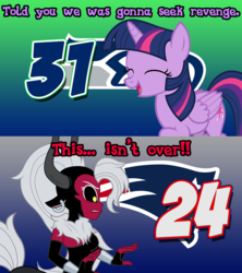 Size: 960x1080 | Tagged: safe, artist:askometa, artist:dashiemlpfim, artist:oblivionfall, lord tirek, twilight sparkle, alicorn, pony, g4, american football, lady tirek, new england patriots, nfl, rule 63, seattle seahawks, twilight sparkle (alicorn), vector