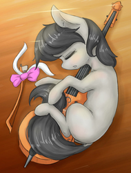 Size: 1891x2484 | Tagged: safe, artist:alcor, octavia melody, earth pony, pony, g4, bow (instrument), bowtie, cello, cello bow, female, filly, lying down, musical instrument, on side, solo, younger