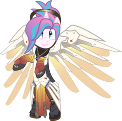 Size: 6000x5938 | Tagged: safe, artist:limedazzle, princess flurry heart, pony, g4, absurd resolution, armor, bipedal, clothes, crossover, cute, female, flurrybetes, mercy, older, overwatch, request, show accurate, simple background, smiling, solo, transparent background, vector