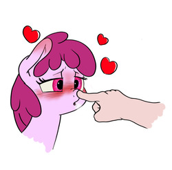 Size: 540x532 | Tagged: safe, artist:greyscaleart, artist:trickydick, berry punch, berryshine, human, pony, g4, blushing, boop, bust, disembodied hand, heart, lidded eyes, nose wrinkle, open mouth, portrait, simple background, white background