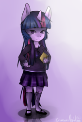 Size: 1165x1723 | Tagged: safe, artist:crimsonnight888, twilight sparkle, anthro, g4, book, clothes, female, gradient background, reflection, school uniform, solo