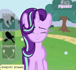 Size: 598x547 | Tagged: dead source, safe, artist:comfydove, artist:heartwarmer-mlp, artist:lil-lovey, starlight glimmer, pony, unicorn, g4, animated, brush, comb, cute, earbuds, eyes closed, female, flower, game, gif, glimmerbetes, happy, heart, mare, simulator, smiling, solo, tree