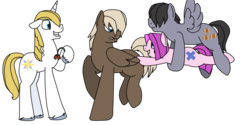 Size: 1024x512 | Tagged: safe, artist:sylver-unicorn, dumbbell, prince blueblood, quarterback, vidala swoon, g4, bluebell (pairing), butt touch, crack shipping, flower, flying, gay, hoof on butt, male, pushing, quarterswoon, rump push, shipping, simple background, transparent background