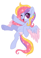 Size: 2064x2891 | Tagged: safe, artist:hawthornss, oc, oc only, oc:glittering cloud, pegasus, pony, cute, flying, high res, long tail, looking at you, one eye closed, open mouth, simple background, solo, sparkles, transparent background, underhoof, wink
