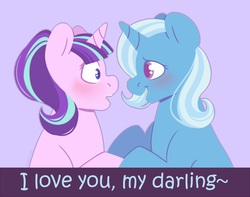 Size: 2920x2300 | Tagged: safe, artist:djkaskan, derpibooru exclusive, starlight glimmer, trixie, pony, unicorn, g4, blushing, bust, colored pupils, cute, diatrixes, female, glimmerbetes, heartwarming, high res, i love you, lesbian, looking at each other, love, ship:startrix, shipping, simple background, smiling, surprised