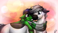 Size: 3840x2160 | Tagged: safe, artist:lupiarts, oc, oc only, oc:lupi, oc:snoopy stallion, clothes, cuddling, cute, floppy ears, fluffy, frown, grin, heart, high res, hug, leaning, lupy, romance, scarf, shipping, smiling, snuggling