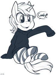 Size: 743x1000 | Tagged: safe, artist:higglytownhero, lyra heartstrings, g4, clothes, cute, dialogue, female, grayscale, monochrome, open mouth, simple background, sitting, smiling, socks, solo, striped socks, sweater, white background